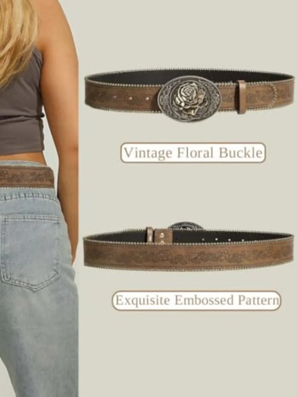 Women Western Belt with Heart Embossed Buckle Vintage Brown Belt for Jeans Pant